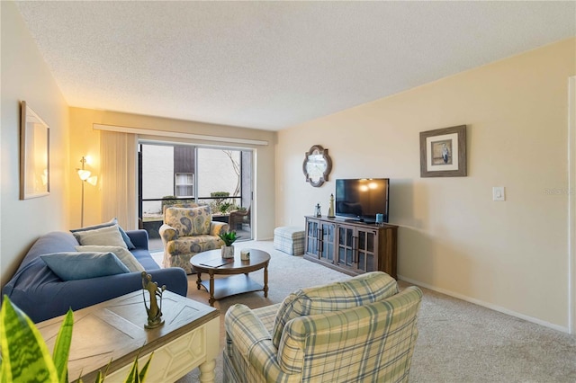 living room featuring carpet flooring and a textured ceiling