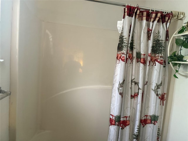 bathroom with a shower with shower curtain