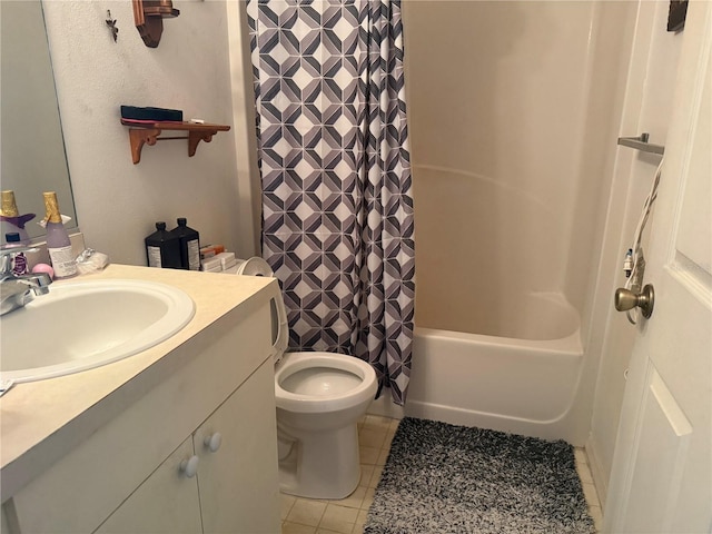 full bathroom featuring tile patterned floors, vanity, shower / tub combo, and toilet