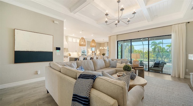 living room featuring coffered ceiling, an inviting chandelier, and beam ceiling