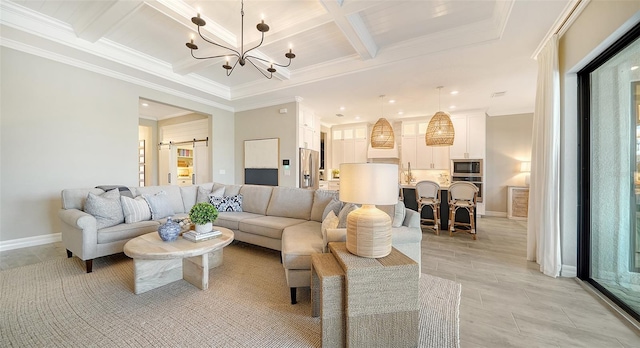 living room featuring crown molding, a chandelier, beamed ceiling, and a barn door