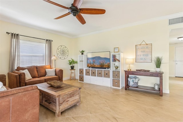 tiled living room featuring ornamental molding and ceiling fan