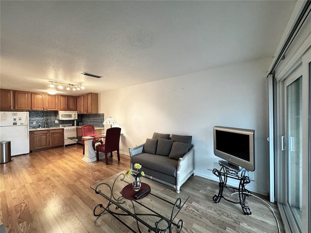 living room with sink, light wood-type flooring, and a textured ceiling