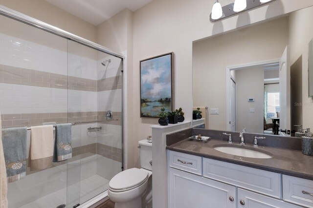 bathroom with toilet, vanity, and walk in shower