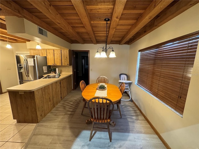 dining area with beamed ceiling, wooden ceiling, sink, and a chandelier