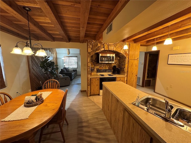 kitchen featuring beam ceiling, decorative light fixtures, white electric stove, and wooden ceiling