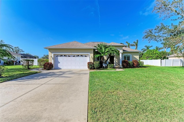 view of front of property featuring a front yard and a garage