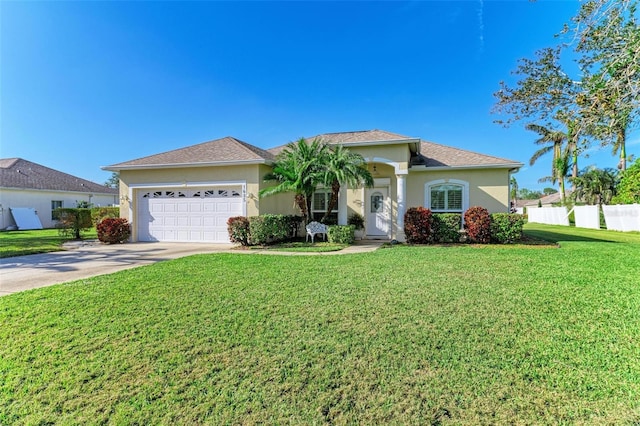 view of front of house featuring a front yard and a garage