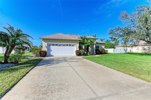 single story home with a garage and a front lawn