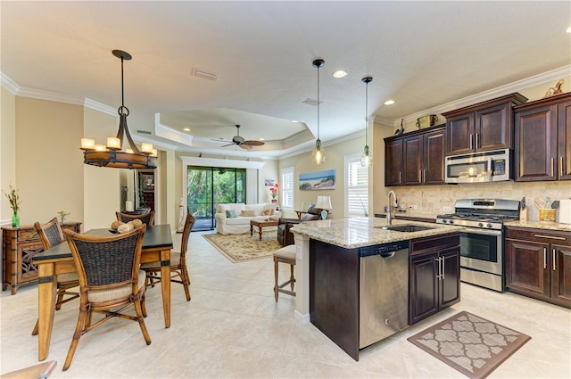 kitchen with stainless steel appliances, a raised ceiling, sink, hanging light fixtures, and an island with sink