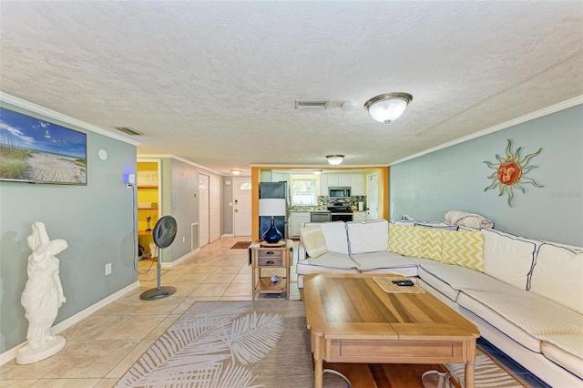 tiled living room with a textured ceiling and ornamental molding