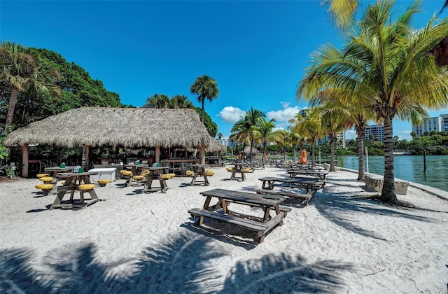 view of property's community featuring a gazebo and a water view