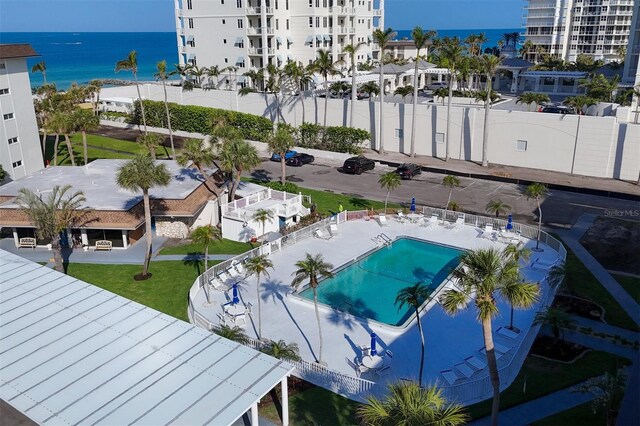 2110 Benjamin Franklin Dr Unit 105, Sarasota, FL 34236 - drone / aerial view of a large body of water and a pool area