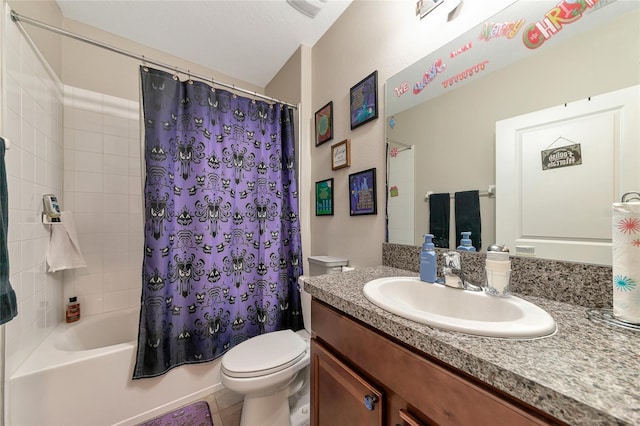 full bathroom with toilet, vanity, tile patterned floors, and shower / tub combo with curtain