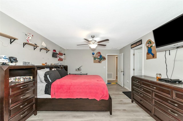 bedroom featuring ceiling fan and light wood-type flooring