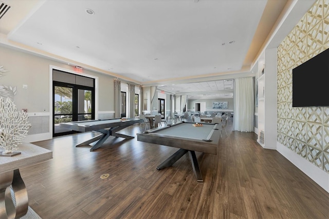 recreation room featuring french doors, hardwood / wood-style floors, and pool table