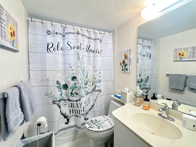 full bathroom featuring tile patterned flooring, vanity, toilet, and shower / bath combo with shower curtain