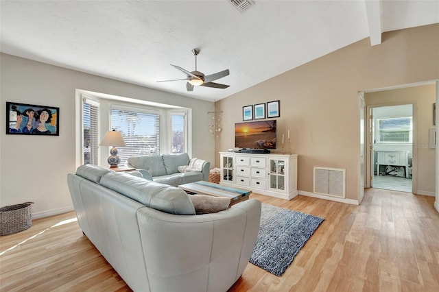 living room featuring lofted ceiling with beams, light hardwood / wood-style flooring, and ceiling fan