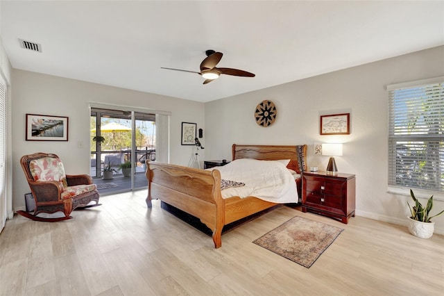 bedroom featuring access to outside, ceiling fan, and light hardwood / wood-style floors