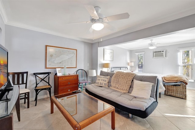 tiled living room featuring a healthy amount of sunlight, an AC wall unit, and crown molding