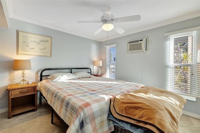 bedroom featuring ceiling fan, light tile patterned floors, and crown molding