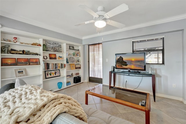 living room with light tile patterned floors, built in features, ceiling fan, and crown molding