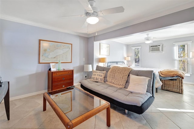 living room featuring a wall unit AC, ceiling fan, crown molding, and light tile patterned flooring