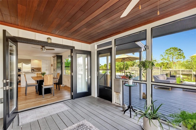 sunroom with ceiling fan, french doors, and wooden ceiling