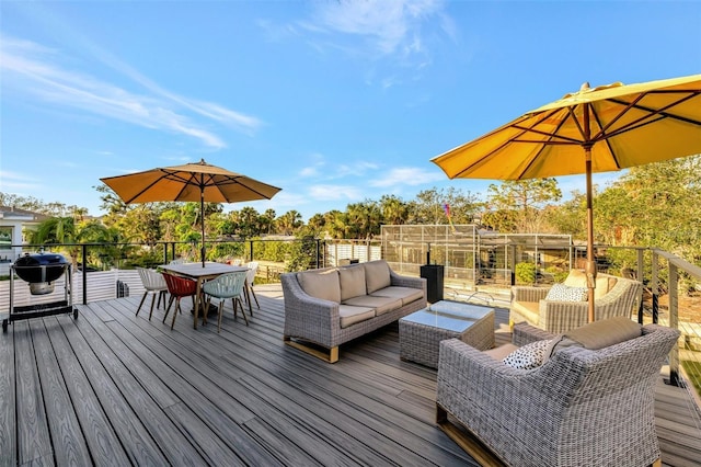 wooden terrace featuring outdoor lounge area