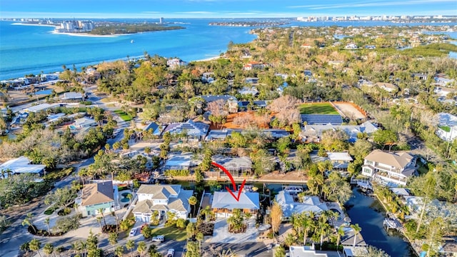 aerial view featuring a water view