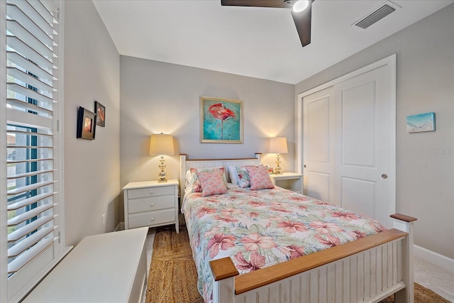 bedroom featuring a closet and ceiling fan