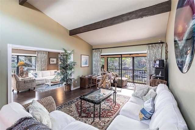 living room with lofted ceiling with beams and wood-type flooring