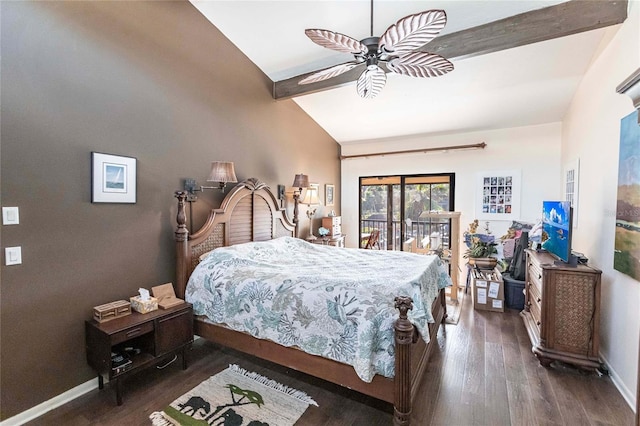 bedroom featuring ceiling fan, dark hardwood / wood-style floors, and lofted ceiling with beams