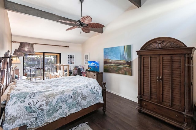 bedroom featuring ceiling fan, vaulted ceiling with beams, access to outside, and dark hardwood / wood-style floors