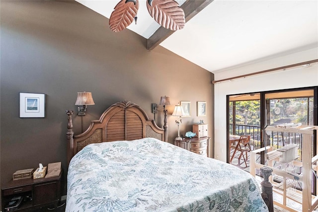 bedroom featuring access to exterior and vaulted ceiling with beams