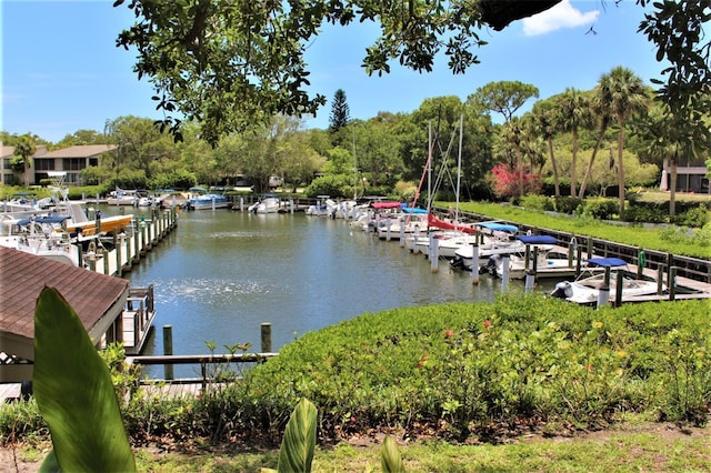 view of dock with a water view