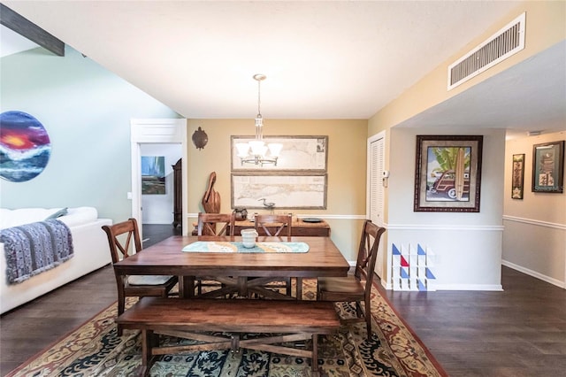 dining area with dark hardwood / wood-style flooring and a notable chandelier