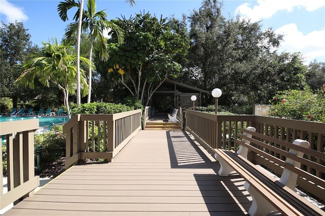 wooden terrace with an outdoor pool
