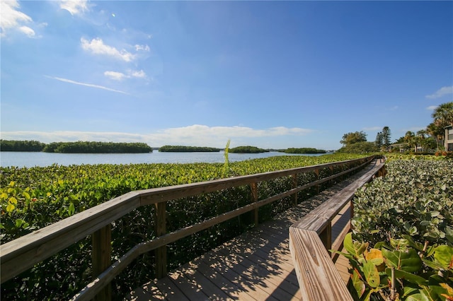 exterior space with a water view