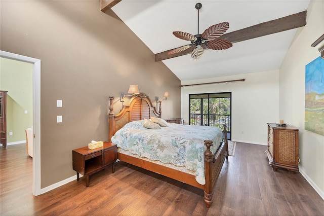 bedroom with baseboards, dark wood-style floors, access to exterior, beam ceiling, and high vaulted ceiling