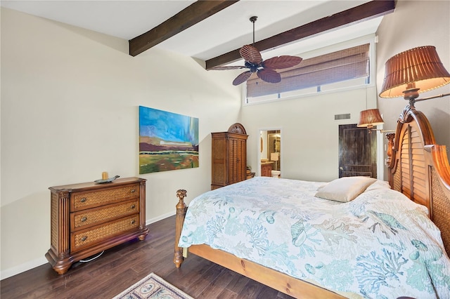 bedroom featuring visible vents, baseboards, beamed ceiling, and dark wood finished floors