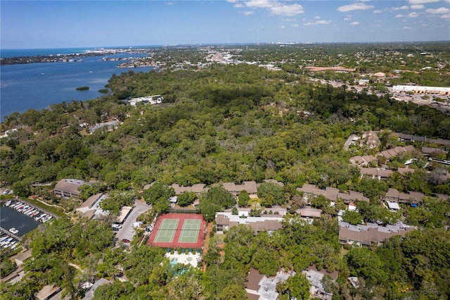aerial view with a view of trees and a water view