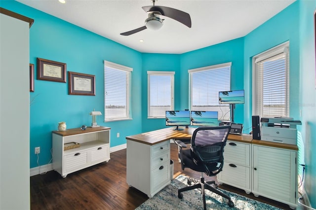 office area with ceiling fan and dark wood-type flooring