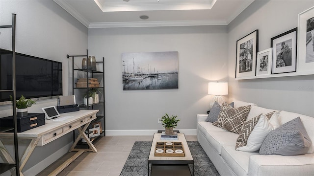 tiled living room featuring ornamental molding