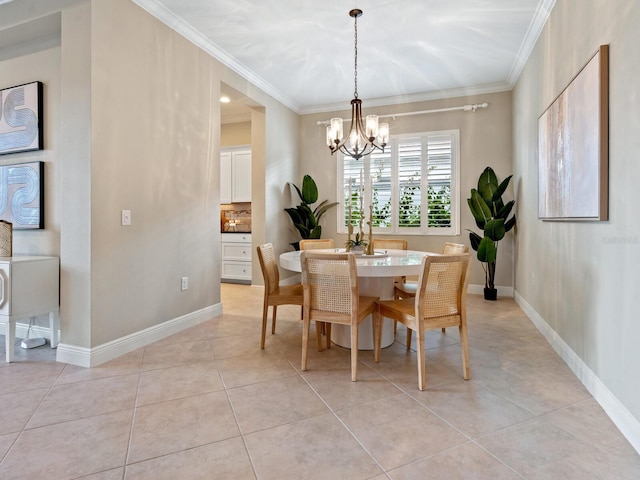 dining room featuring light tile patterned floors, crown molding, and a chandelier