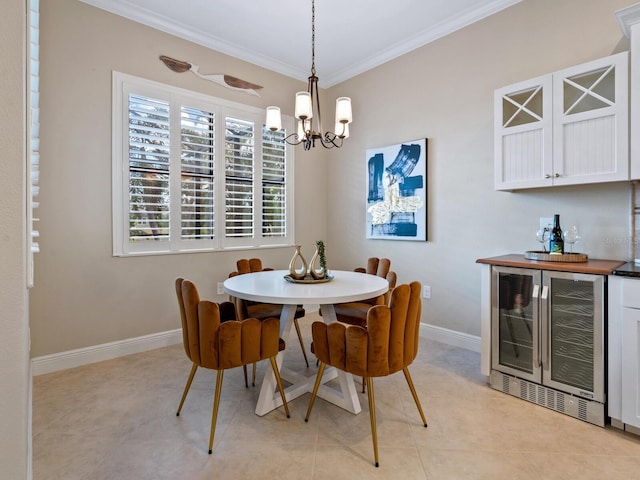 tiled dining space with wine cooler, plenty of natural light, and ornamental molding