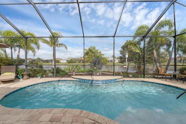 view of pool featuring a water view and a lanai