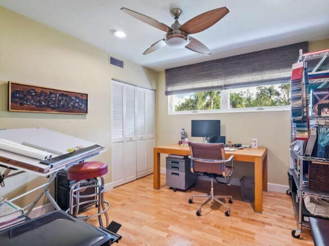 home office featuring ceiling fan and light wood-type flooring