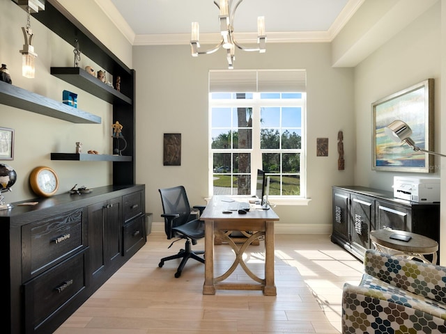 office with a notable chandelier, crown molding, and light hardwood / wood-style flooring