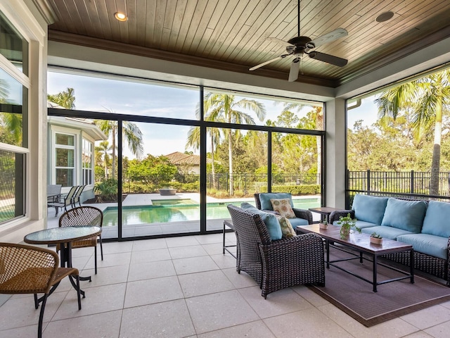 sunroom / solarium with ceiling fan and wooden ceiling